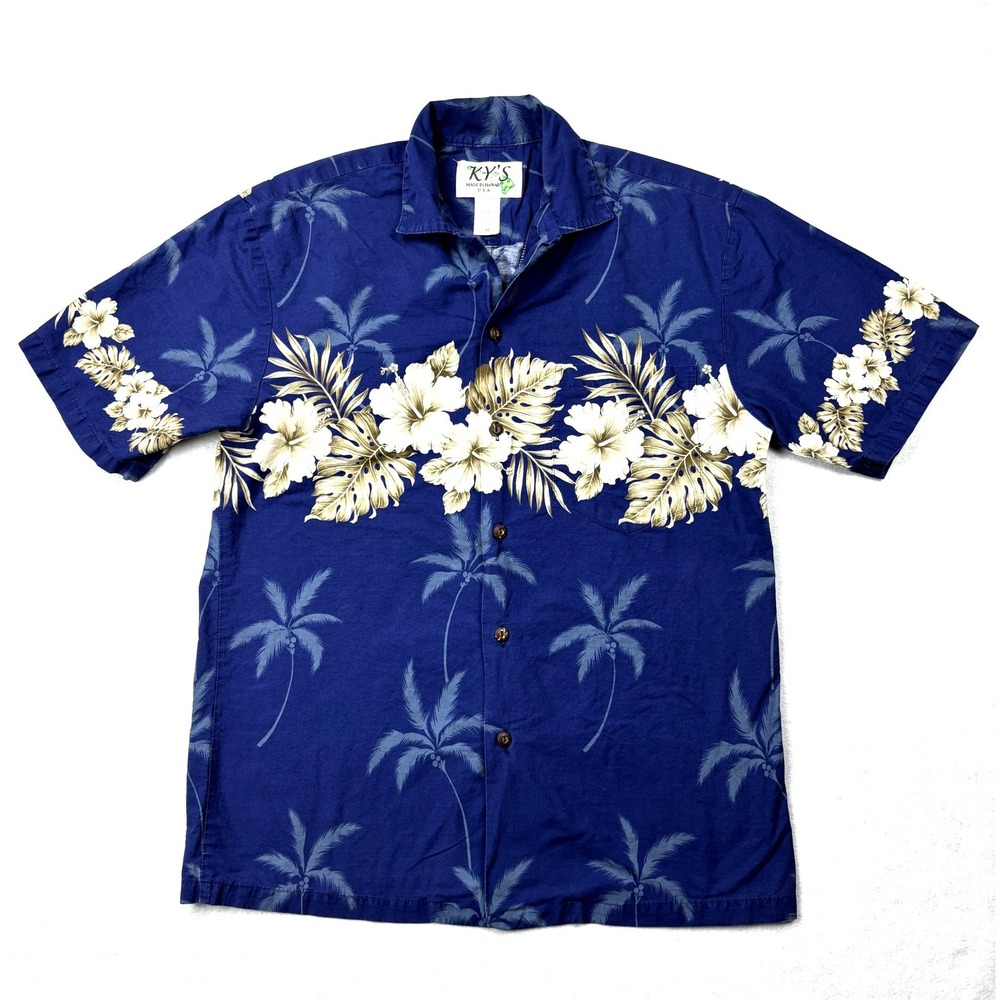 KY'S Hawaiian Shirt Mens Medium‎ Blue Hibiscus Palm Tree Cotton Made in Hawaii